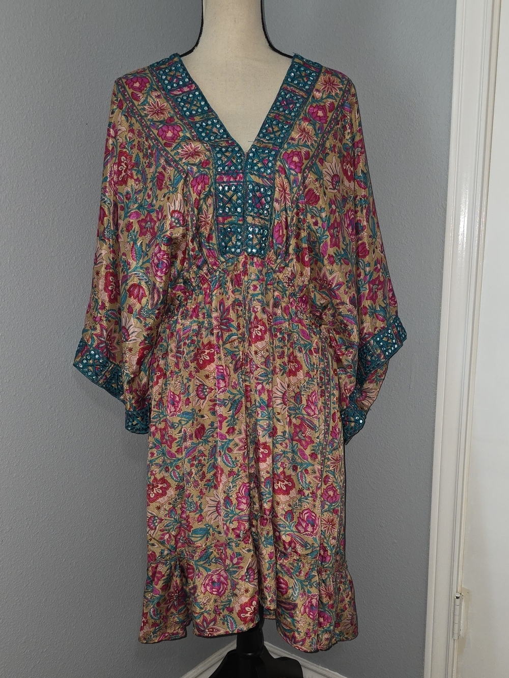 Dress Naoo Bohemian Floral Midi Dress with Teal Trim Sz 3X